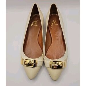 J Vincent Women 8.5 B Leather‎ Ballet Flats Cream White - Gold Embellished 26E